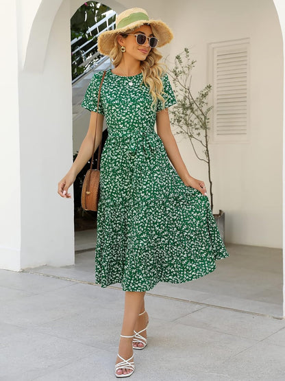 Women's Dresses Casual Summer Tiered Midi Dress Short Sleeve Belted Ruffle Babydoll Boho Sundress with Pockets