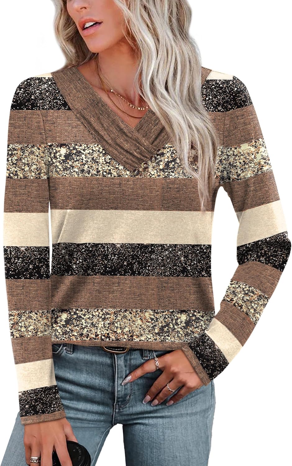 Long Sleeve Shirts for Women Fall Outfits V Neck T Shirts Button Down Tunic Tops Fashion Clothing