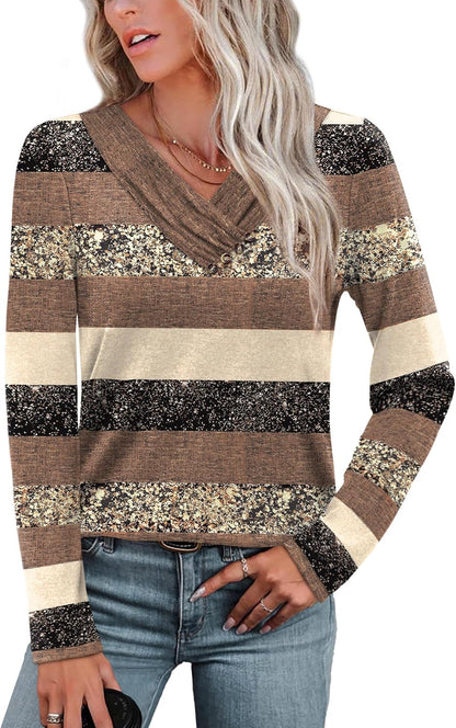 Long Sleeve Shirts for Women Fall Outfits V Neck T Shirts Button Down Tunic Tops Fashion Clothing