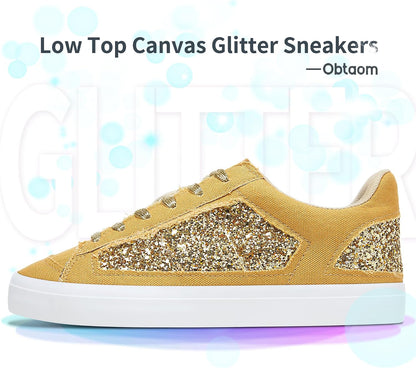 Women Glitter Sneakers Sparkly Sequin Canvas Fashion Sneakers Comfortable Lace Up Shiny Bling Shoes for Wedding Party