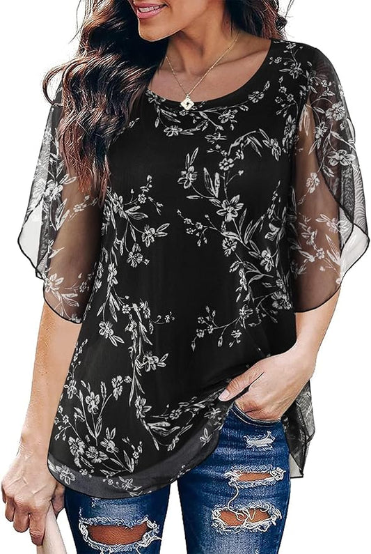 SeSe Code Womens Ruffle 3/4 Sleeve Mesh Blouses Loose Flowy Tops Stretchy Shirts