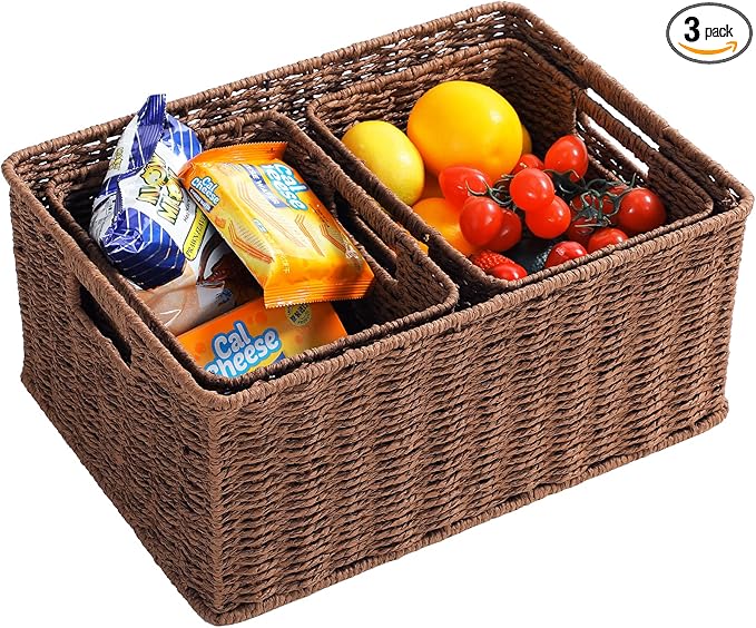 HOONEX Large Woven Baskets for Storage, Paper Rope Baskets with Sturdy Metal Wire Frame, Baskets for Shelves, Set of 3, Dark Brown