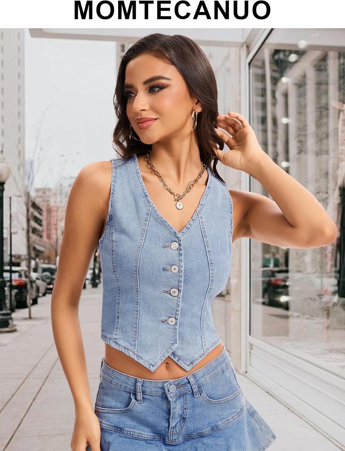 Women's Denim Vest Crop Jean Vest Tops Sleeveless V Neck Button Down Fitted Summer Western Country Denim Waistcoat