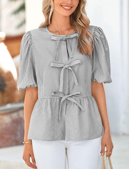 PRETTYGARDEN Women Striped Tie Front Babydoll Peplum Tops | Short Puff Sleeves, Lightweight Crew Neck Blouse, Hidden Buttons, Spring Summer Shirts for Casual Outing, Date Night, Party .