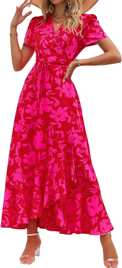 This flowy, floral maxi dress features a flattering wrap design, ruffle hem, and high split - perfect for effortless summer style.