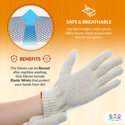 ABC PACK & SUPPLY String Knit Work Gloves, 9.5 Inch Large, Beige Cotton Polyester, Pack of 1 Pairs, Elastic Wrist with Red Edge Line
