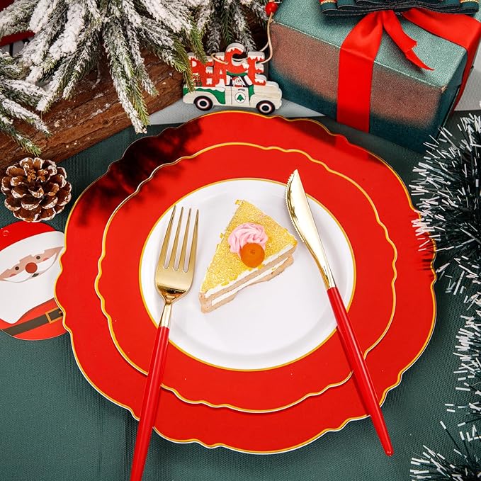 WDF 60pcs Red valentines Plastic Plates Gold Rim - 10.25inch Red Dinner Plates Disposable Plates Table Decor for Christmas Party