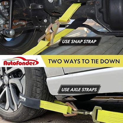 4 Pack 2 Heavy Duty Car Ratchet Tie Down Kit with Snap Hooks-Break Strength 10,000lbs-Working Load 3,333lbs-Includes 36 Axle Straps with D-Ring(Yellow)