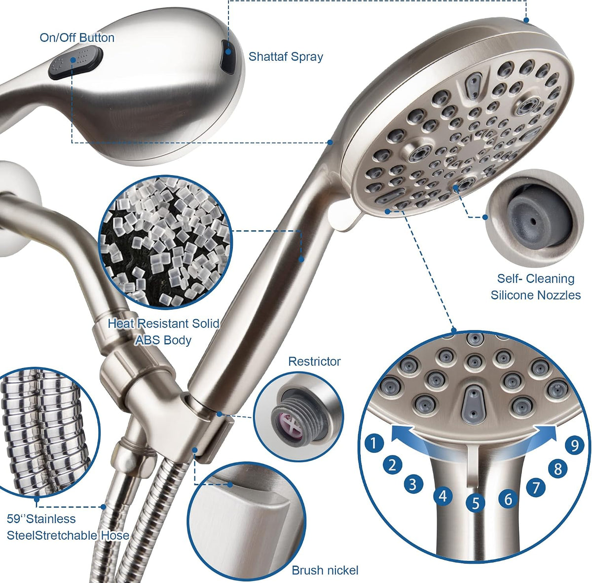 XMJAS-TURN High Pressure 10-mode Handheld Shower Head - Anti-clog Nozzles,Built-in Power Wash to Clean Tub, Tile & Pets,Extra Long 5 ft.Stainless Steel Hose, Copper interface shower holder