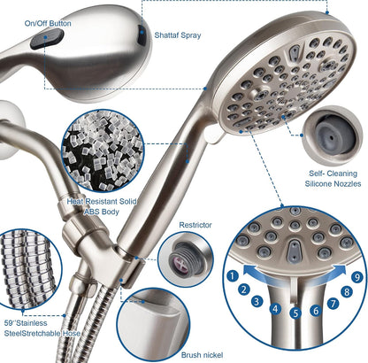 XMJAS-TURN High Pressure 10-mode Handheld Shower Head - Anti-clog Nozzles,Built-in Power Wash to Clean Tub, Tile & Pets,Extra Long 5 ft.Stainless Steel Hose, Copper interface shower holder