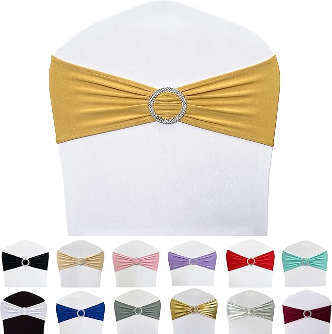 Spandex Chair Sashes Bands 50PCS Stretch Chair Ties Bows with Buckle Slider for Wedding Party Banquet Decoration (Gold)A
