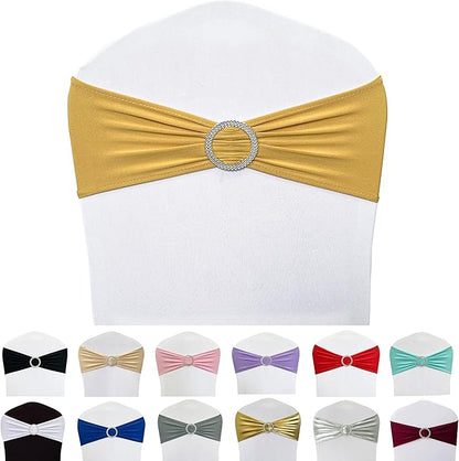 Spandex Chair Sashes Bands 50PCS Stretch Chair Ties Bows with Buckle Slider for Wedding Party Banquet Decoration (Gold)A