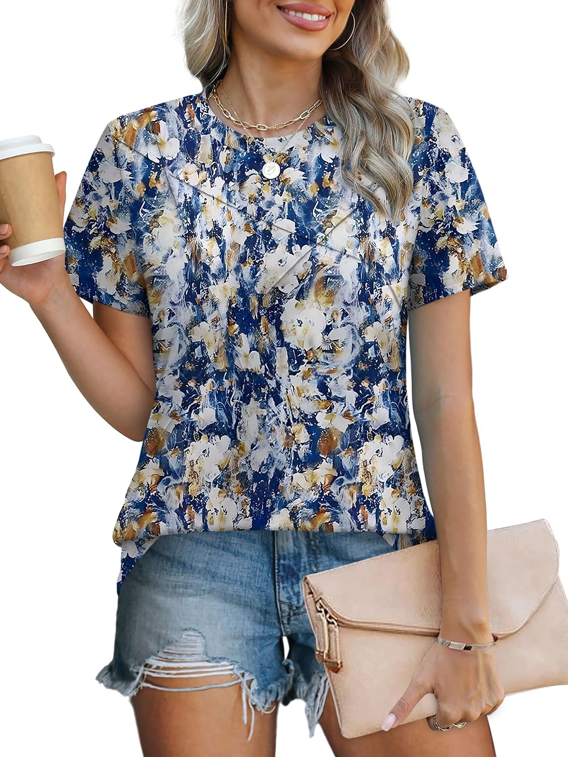 XIEERDUO Womens Summer Tops 2026 Pleated Round Neck Short Sleeve Shirts Business Casual.