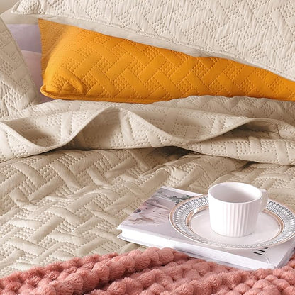 Exclusivo Mezcla Soft Quilt Set Queen Full Size, 3 Pieces Lightweight Quilts Brich Beige Bedspreads Coverlets Bedding Set for All Seasons, Weave Pattern