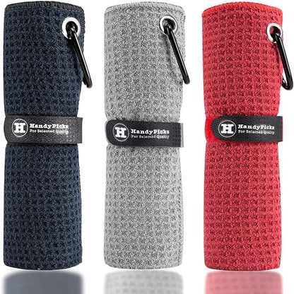 Handy Picks Microfiber Golf Towel (16" X 16") with Carabiner Clip, Waffle Pattern Hook and Loop Fastener - The Convenient Golf Cleaning Towel BlackGreyRed
