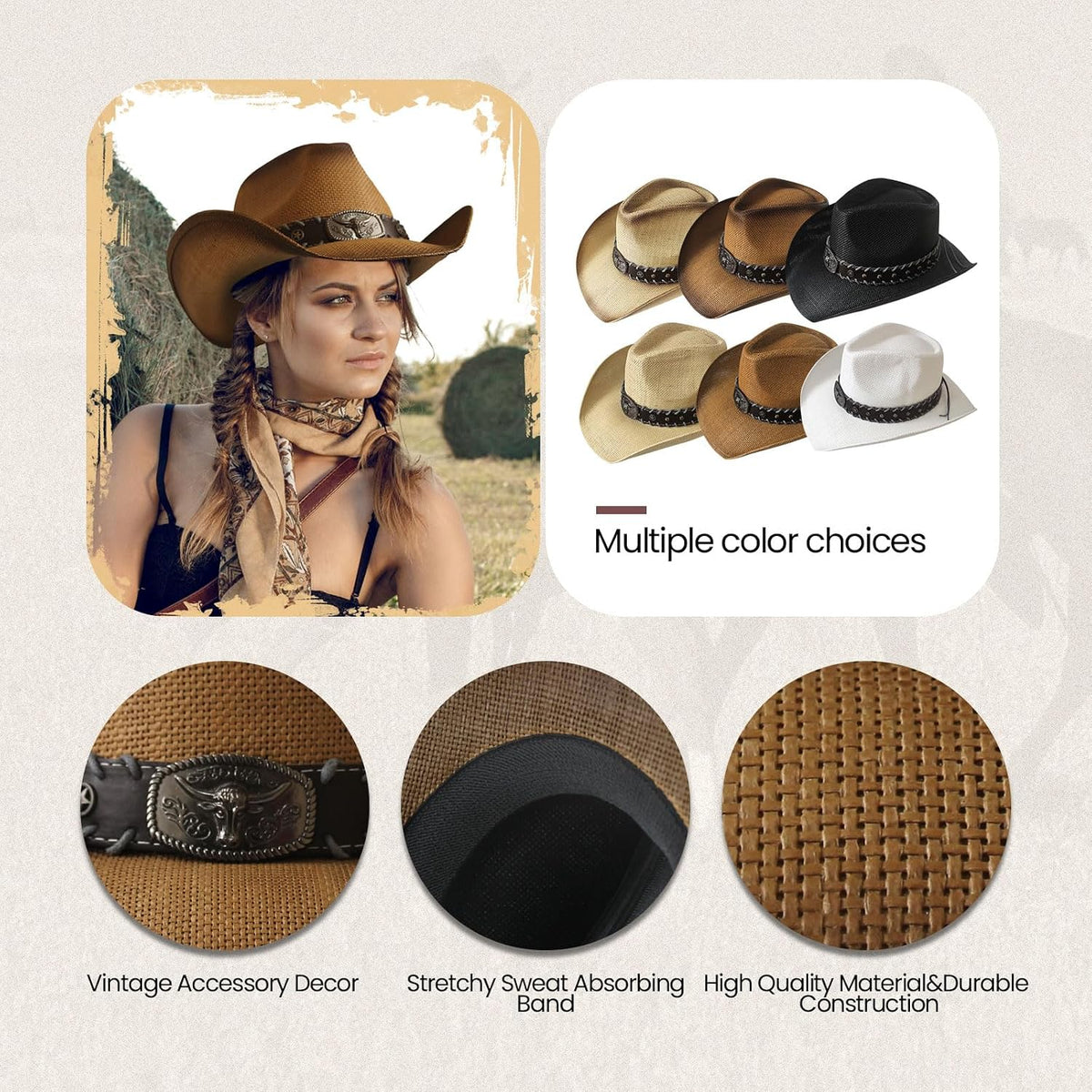 Wildarms Cowboy Hat,Cowgirl Hat,Cowboy Hats for Women/Mens/Straw Wide with Shapeable Brim Western Cowboy Hat for Womens