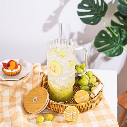 32oz Ribbed Glass Cup with Handle Bamboo Lid and Straw, Glass Tumbler, Iced Coffee Cups Hot/Cold Drinks