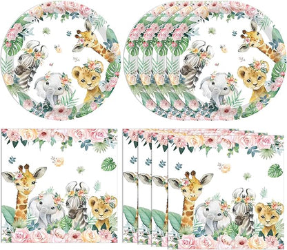 40PCS Wild One Birthday Decorations Girl Jungle Safari Birthday Decorations Included Wild One Plates and Napkin Sets for Kids Animal Safari Baby Shower Decorations