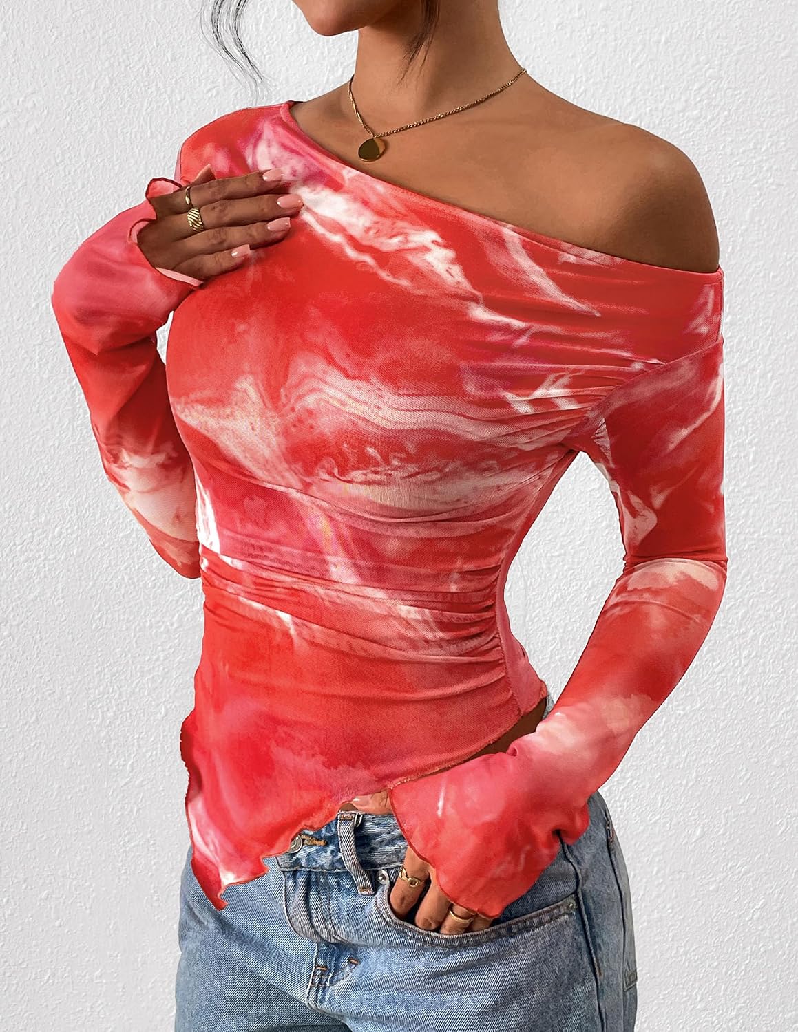 PRETTYGARDEN Womens Fall Trendy Off Shoulder Y2k Tops 2026 Tie Dye Mesh Long Sleeve Shirts Asymmetrical Ruched Floral Blouse