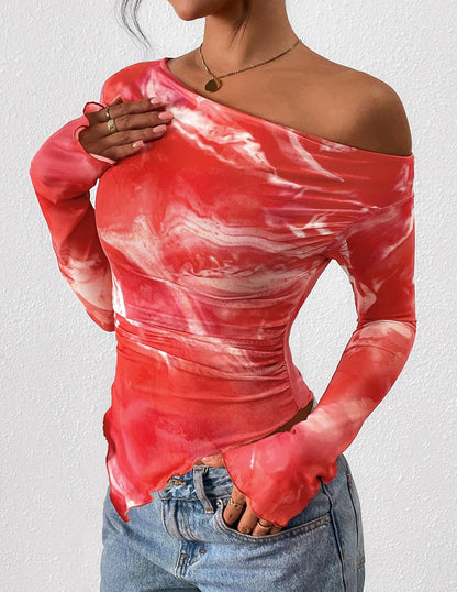 PRETTYGARDEN Womens Fall Trendy Off Shoulder Y2k Tops 2026 Tie Dye Mesh Long Sleeve Shirts Asymmetrical Ruched Floral Blouse