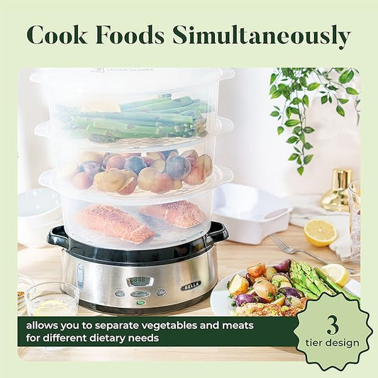 BELLA 9.5 QT Triple Tier Digital Food Steamer, Healthy Fast Simultaneous Cooking, Stackable Baskets for Vegetables or Meats, RiceGrains Tray, Auto Shutoff  Boil Dry Protection, Stainless Steel