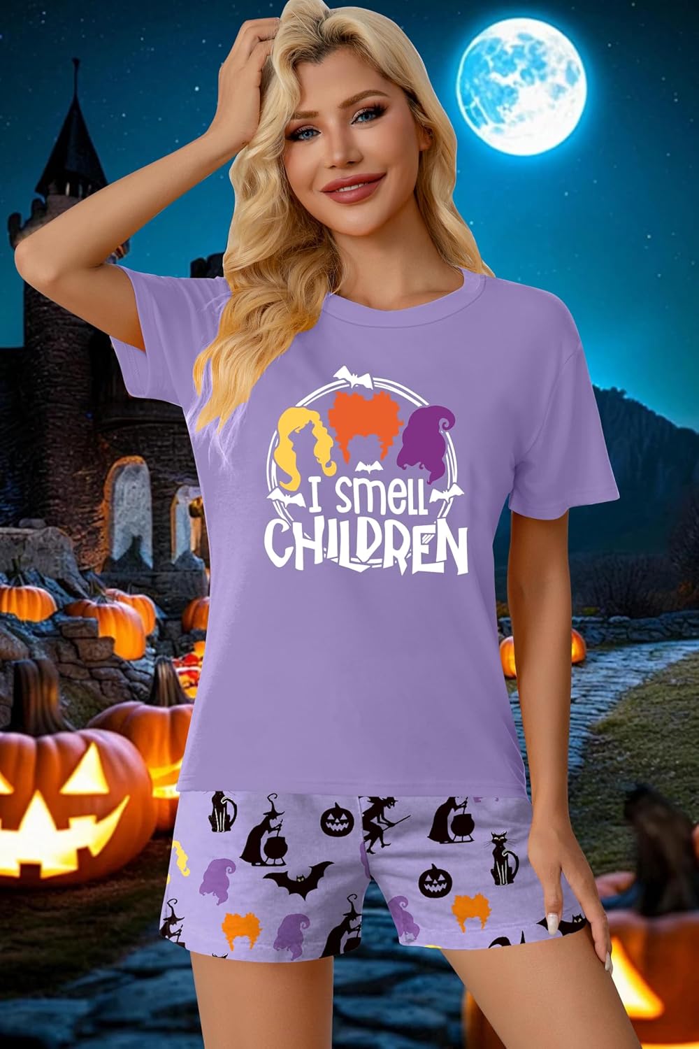 Ithalt Halloween Pajamas Women Pumpkin Short Sleeve Tops and Shorts Pjs Set Fall Sleepwear Spooky Pajamas