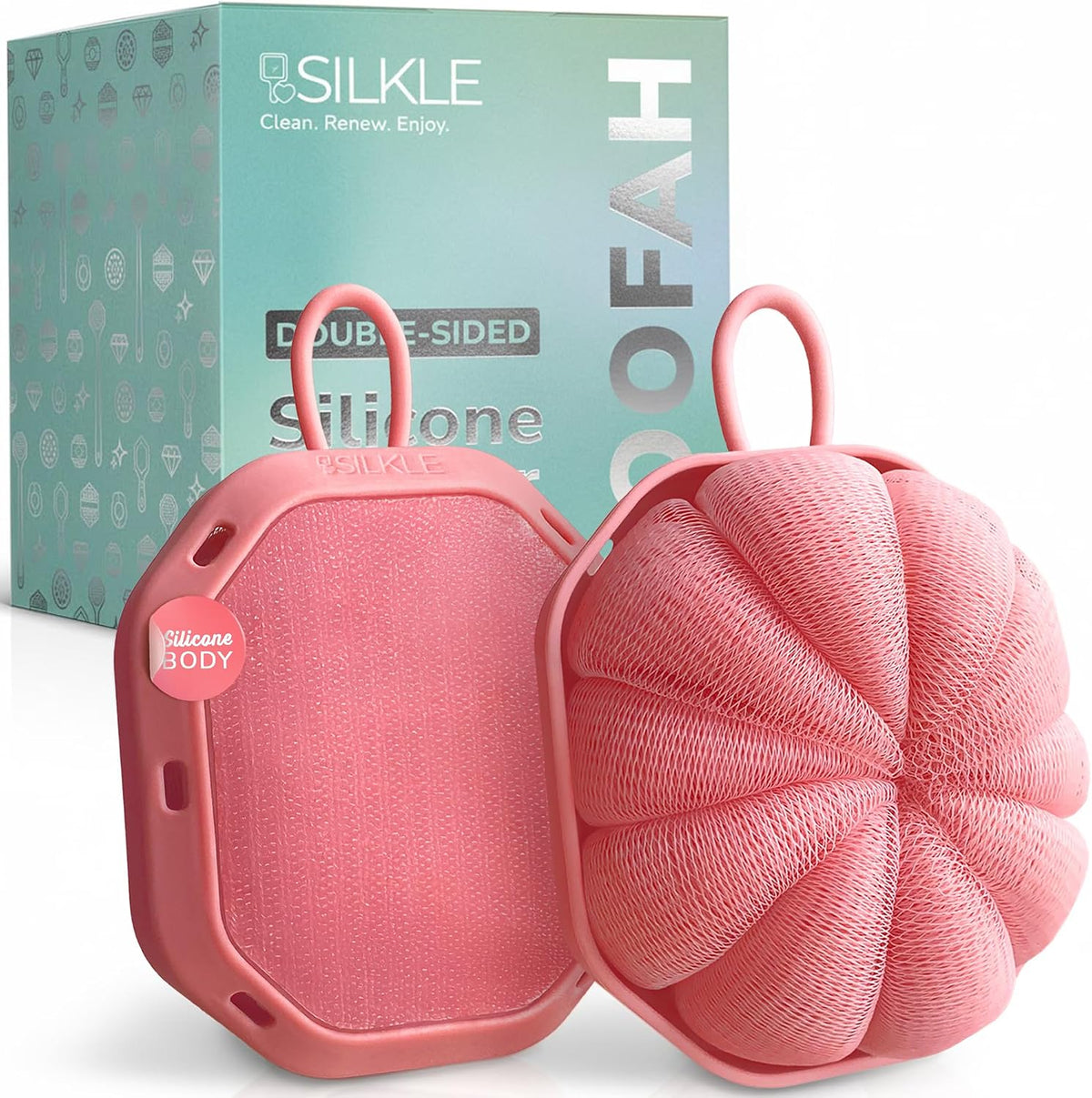 Double-Sided Shower Loofah - Exfoliating Shower Scrubber for Body, Non-Slip Silicone Grip, Soft Mesh & Textured Exfoliating Side, 2-in-1 Bath Sponge & Loofah - 1 Pack, pink