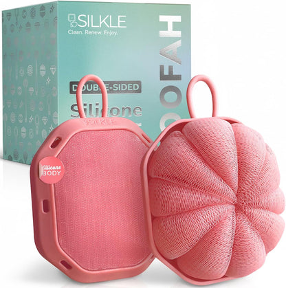 Double-Sided Shower Loofah - Exfoliating Shower Scrubber for Body, Non-Slip Silicone Grip, Soft Mesh & Textured Exfoliating Side, 2-in-1 Bath Sponge & Loofah - 1 Pack, pink