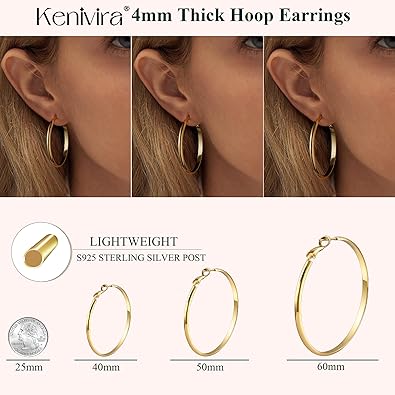 Chunky Gold Hoop Earrings for Women With 925 Sterling Silver Post, Thick Gold Hoop Earrings Hollow Tube Hoops Earrings Hypoallergenic, Lightweight Gold Large Big Hoop Earrings 405060MM