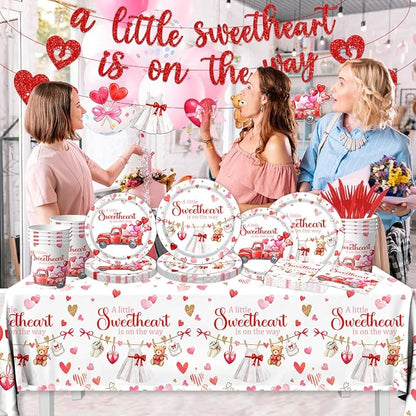 A Little Sweetheart is On The Way Decorations-142Pcs Valentines Baby Shower Tableware Red Hearts Bear Truck Little Sweetheart Paper Plates Kit