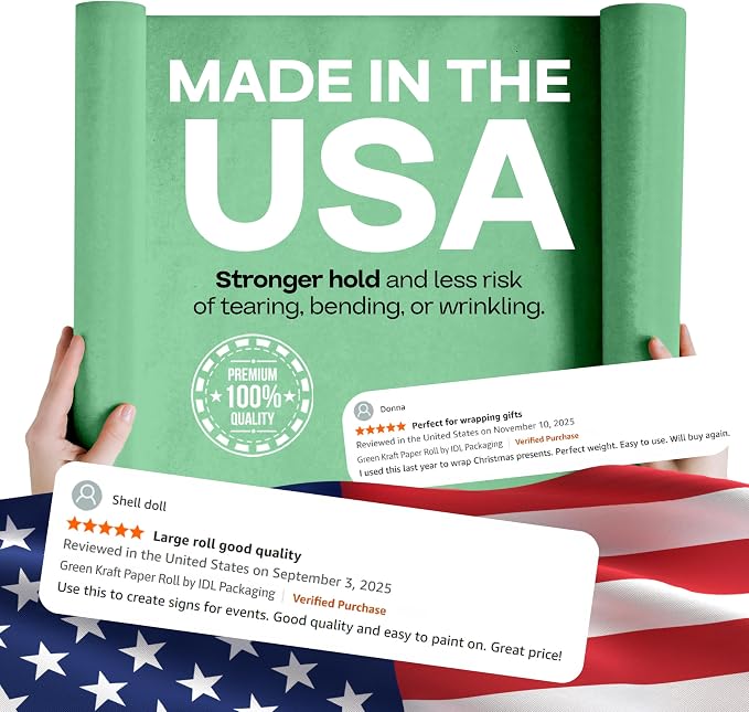 36" x 1200" (100 ft) Green Kraft Paper Roll - USA-Made Quality Craft Paper for Gift Wrapping, Kids' Arts & Crafts, School Projects - Natural Material 50lb Thickness by IDL Packaging