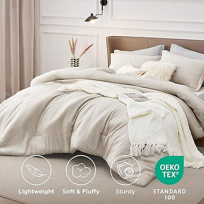 Bedsure Queen Comforter Set - Beige Soft Bedding for All Seasons, Cationic Dyed Bed Set, 3 Pieces, 1 Queen Size Comforter (90"x90") and 2 Pillow Shams (20"x26"2")