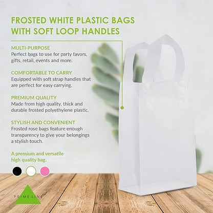 Prime Line Packaging Clear Gift Bags with Handles, Frosted White Plastic Shopping Totes for Small Business, Boutiques, Retail, Bulk, 6x3x9 50 Pack