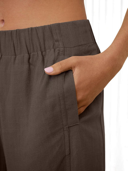 Women's Wide Leg Linen Pants Summer Boho Casual Elastic Waist Long Lounge Travel Pants Trousers with Pockets