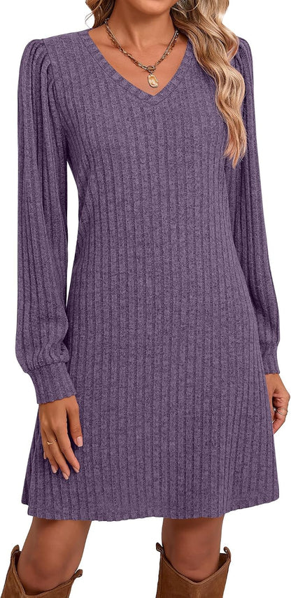 Ficerd Women's Knit Long Sleeve Sweater Dress Casual V Neck Tunic Dresses Fall Trendy Outfits