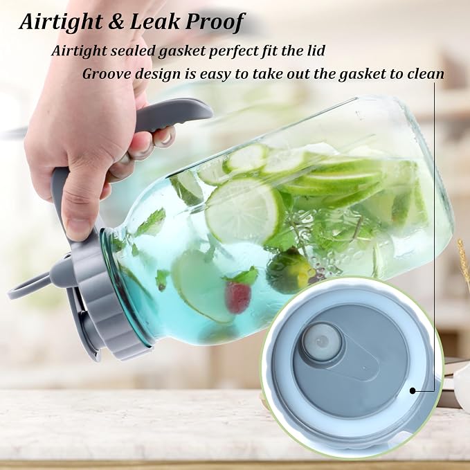 Mason Jar Pitcher 64 OZ Glass Pitcher With Pour Spout Lids Airtight Leak Proof 2 Quart Wide Mouth Water Pitcher With Handle And Flip Cap For Iced Tea, Milk, Sun Tea, Lemonade,Juice, Iced Coffee