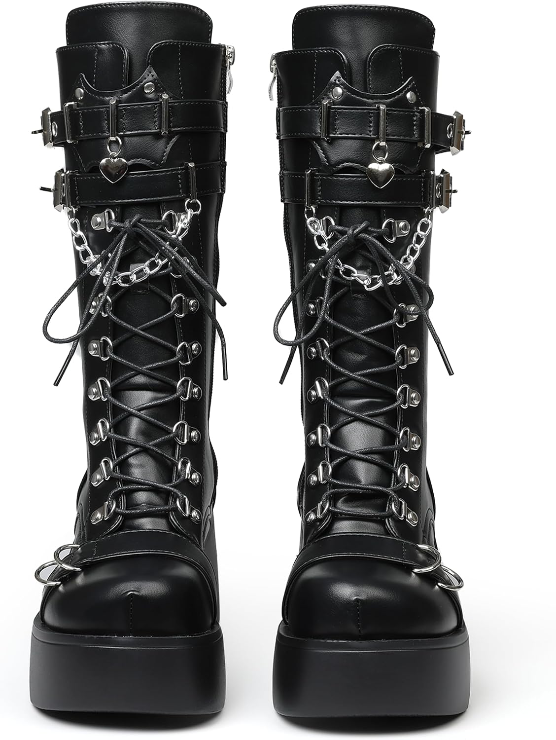 Women's Black Platform Boots Wedge Combat Gothic Chunky Heel Lace Up Mid Calf Punk Motorcycle Shoes