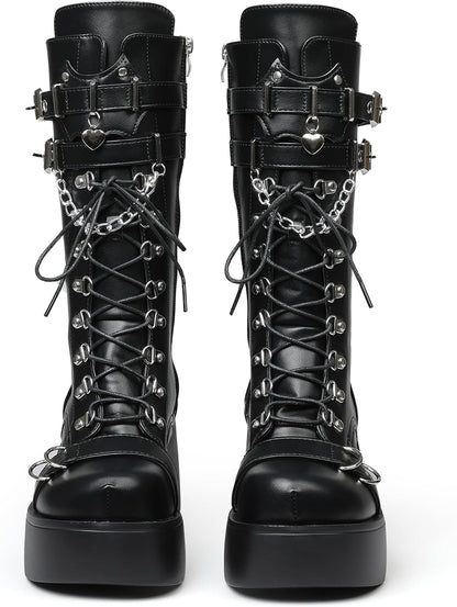 Women's Black Platform Boots Wedge Combat Gothic Chunky Heel Lace Up Mid Calf Punk Motorcycle Shoes