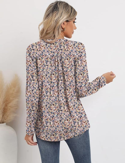 3/4 Sleeve Tops for Women V Neck Henley Long Sleeve Dressy Casual Shirts Ladies Loose Button-up Blouses Tunic