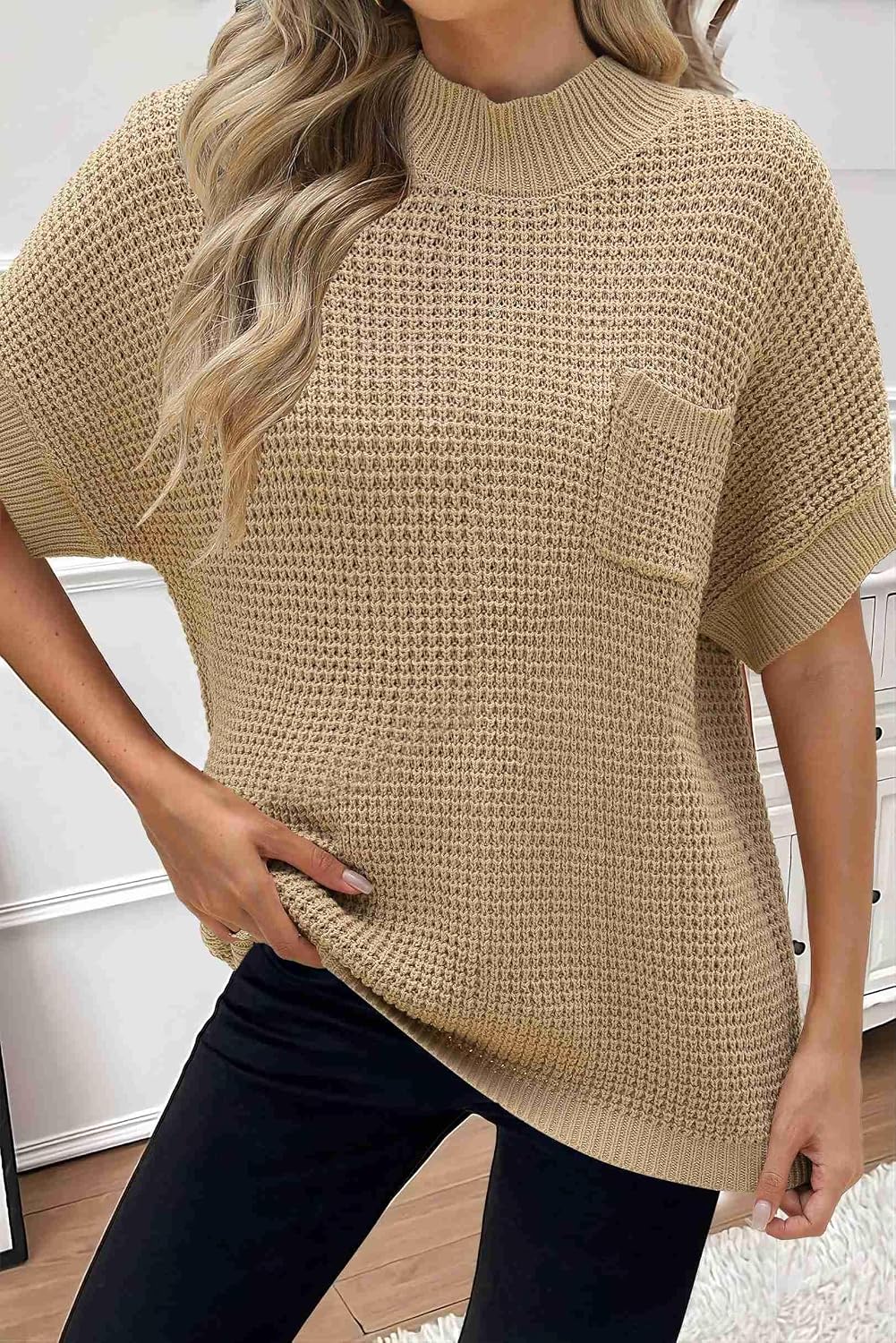 Women 2026 Sweater Vest Mock Neck Batwing Short Sleeve Oversized Ribbed Knit Tops Fall Pullover Sweater S-XXL