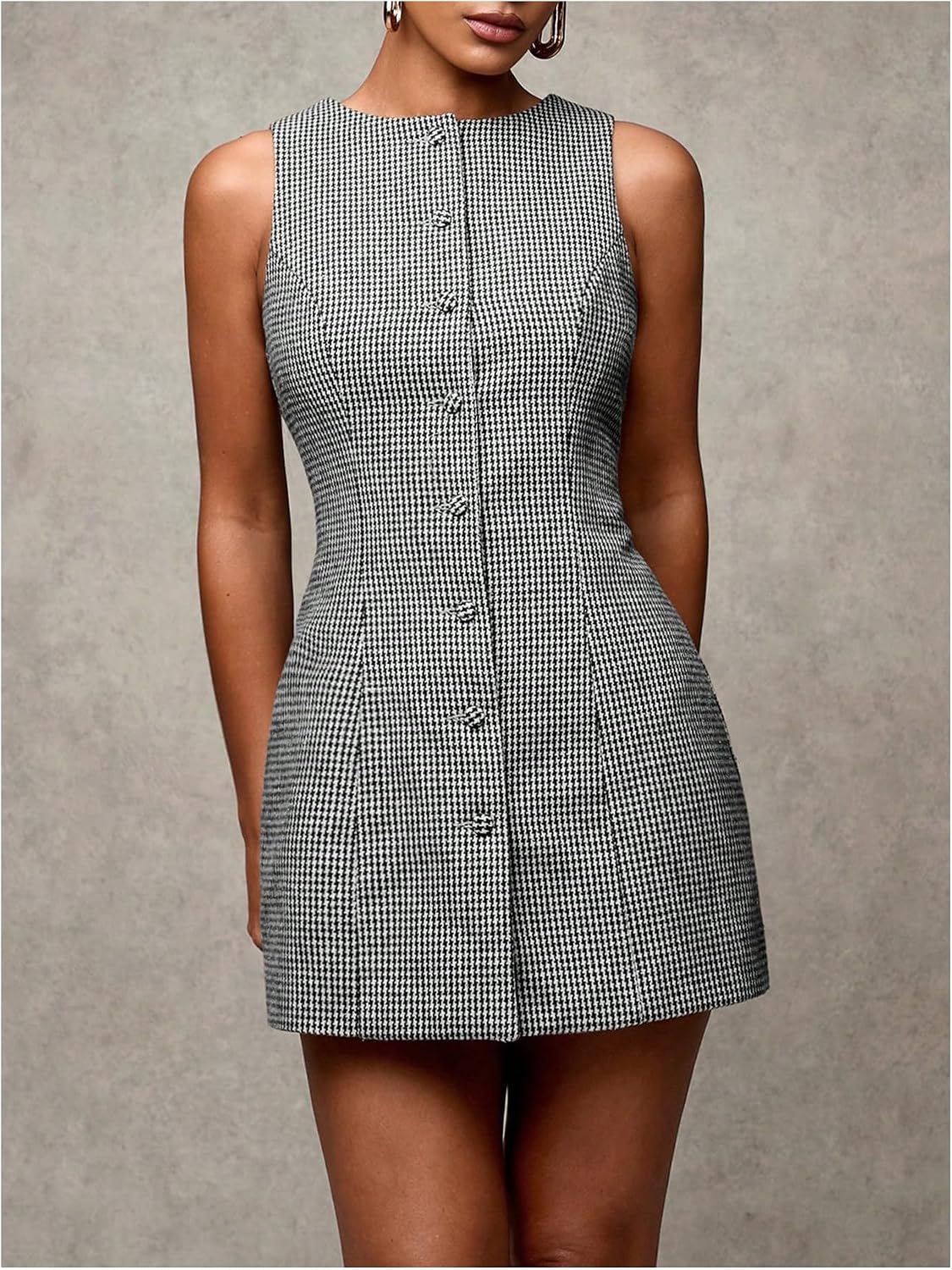 Women's Plaid Button Down Dress Crew Neck Sleeveless Tie Back Work Office Mini Dresses
