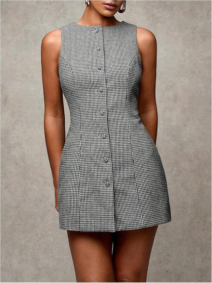 Women's Plaid Button Down Dress Crew Neck Sleeveless Tie Back Work Office Mini Dresses