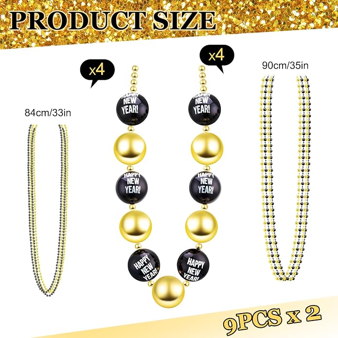 2 set of 36 inch 2026 Happy New Year Bead Necklace 35 Black and Gold Bead Necklace 33 Plastic Beaded Torque Happy New Year Decorations for Party Favors Costume Accessories