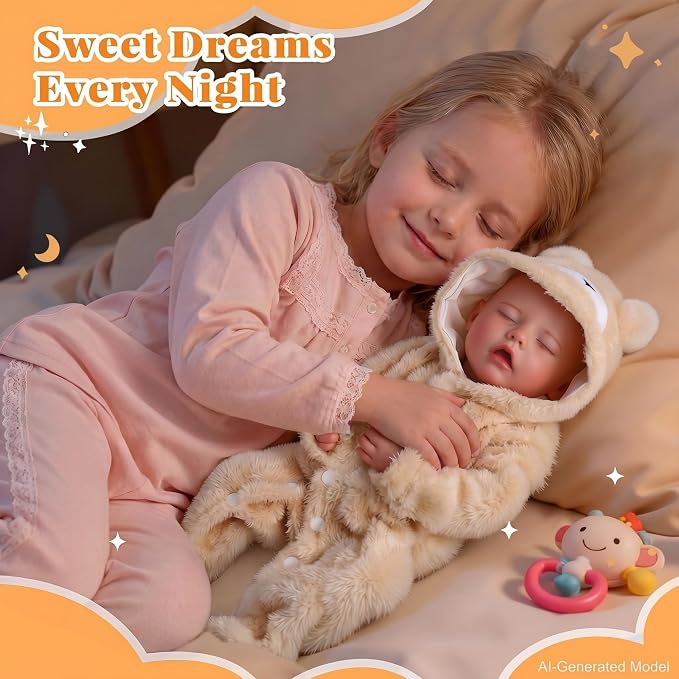 BABESIDE 17 Inch Drink and Wet Reborn Baby Doll, Full Soft Vinyl Girl | Closed-Eye Newborn Look, Realistic Details, Bear Outfit, Feeding and Diaper-Changing Play, Gift for Kids Ages 3+
