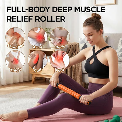 Muscle Roller & Massage Roller Stick for Athletes - Lymphatic Drainage Support, Relieves Muscle Soreness, Cramping & Tightness - Targets Legs, Arms, Back & Calves (Orange Wheel)