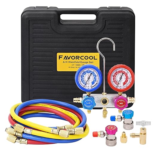 FAVORCOOL CT-136G 3-Way AC Diagnostic Manifold Gauge Set with Case for Freon Charging, fits R410A, R134A, R22 Refrigerants, Aluminum Body, Sight Glass