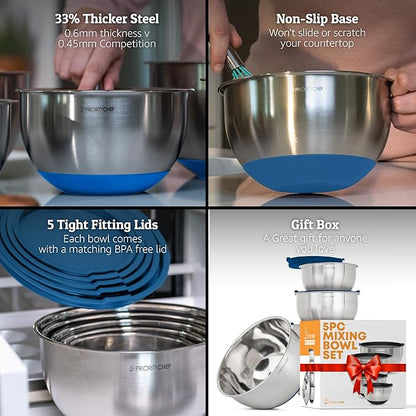 Priority Chef Premium Mixing Bowls With Airtight Lids Set, Thicker Stainless Steel Mixing Bowl Set, Large Prep Metal Bowls with Lids, Nesting Bowls for Kitchen, 1.52345 Qrt, Blue