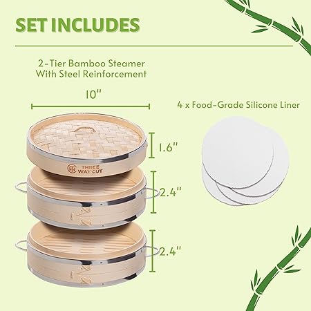 Dumpling Bamboo Steamer 10 Inch 2 Tier Wooden Basket With Handle, Reusable Silicone Liner, Kit For Cooking Baby Bao Bun, Dim Sum, Rice Potsticker Steaming Chinese Asian Food  Vegetables