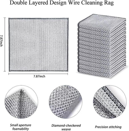10 PCS Double Layer Stainless Steel Scrubber Wire Dishwashing Cloth Non Scratch Stainless Steel Mesh Dish Cleaning Cloth 20x20cm Metallic Wire Cleaning Rag Towel for Kitchen Dish Sink Stove Top