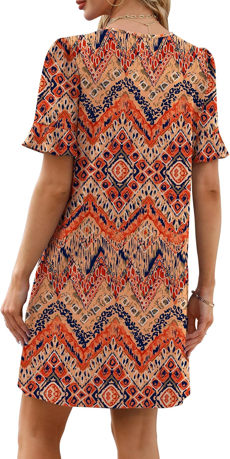 OFEEFAN Summer Dresses for Women Ruffle Short Sleeve V Neck Casual Shift Dress with Pockets .